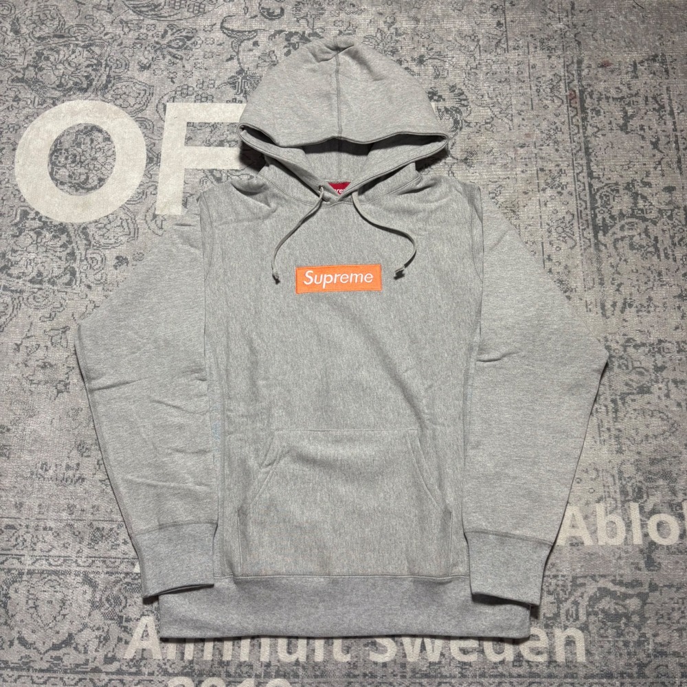 Supreme Box Logo Hooded Sweatshirt Heather Grey Orange FW17 Mens Medium Exc